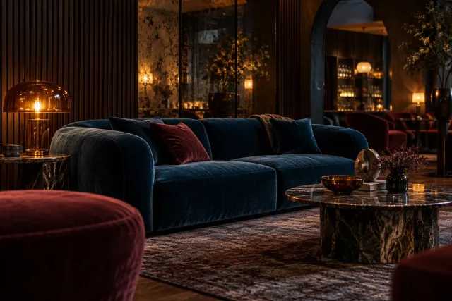 Modern lounge with layered texture and lighting