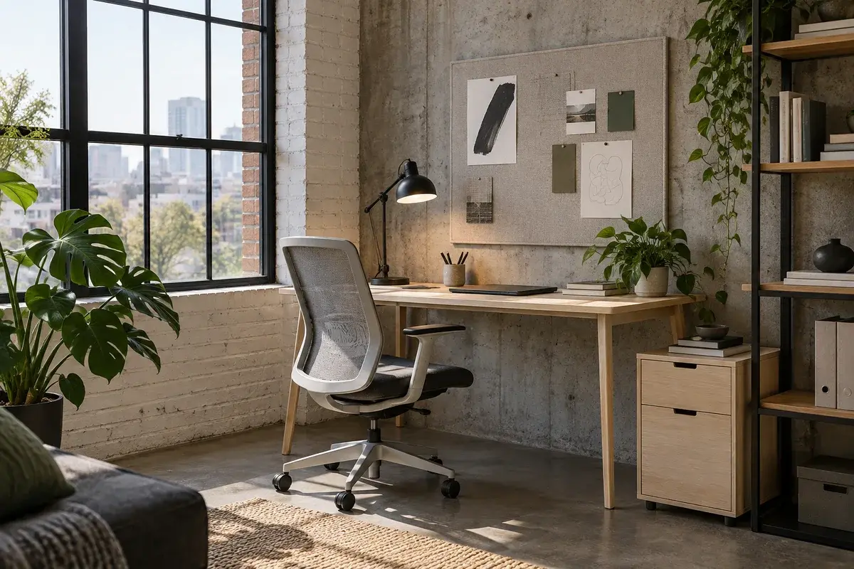 Productive work corner with desk, chair, and storage