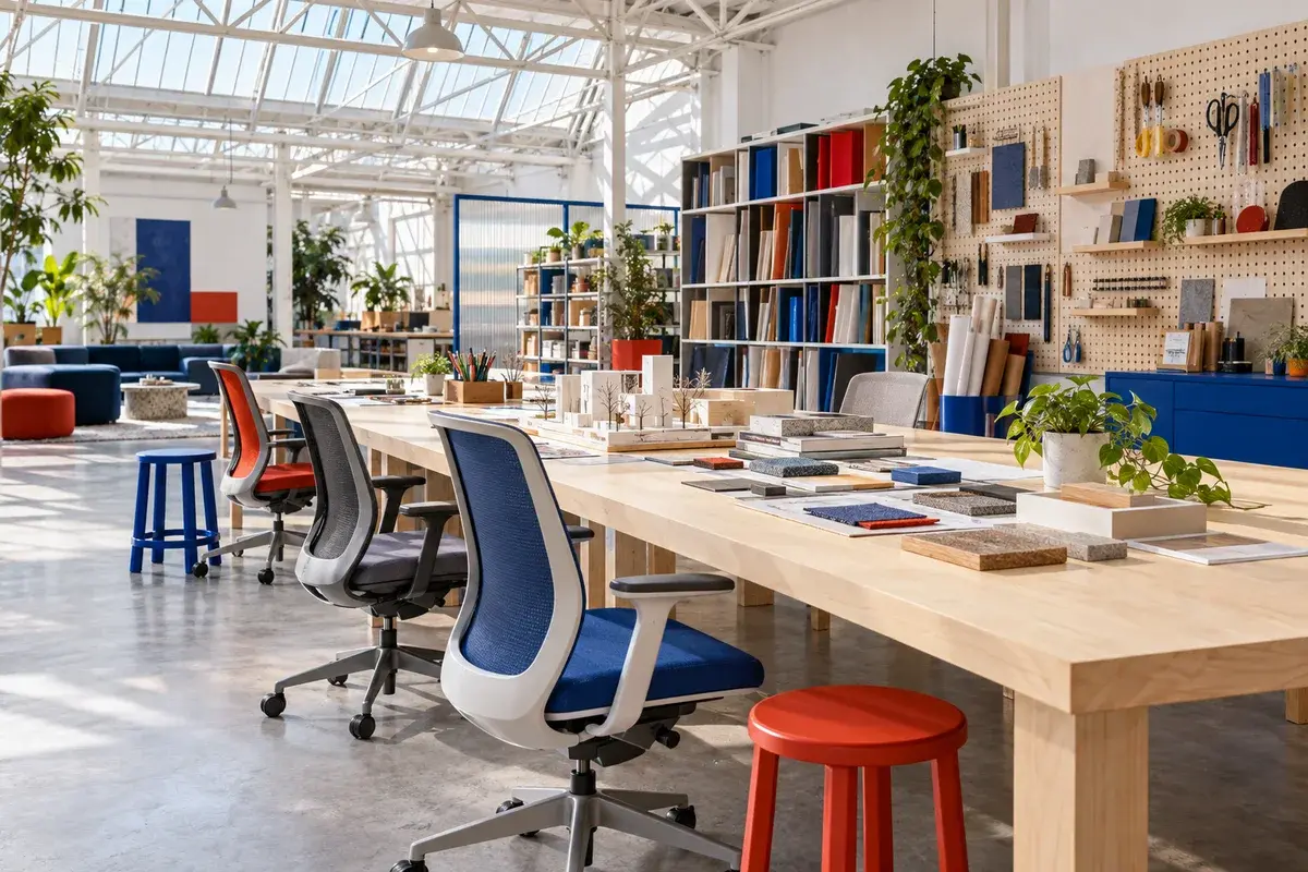 Productive studio with long work desk and ergonomic chair