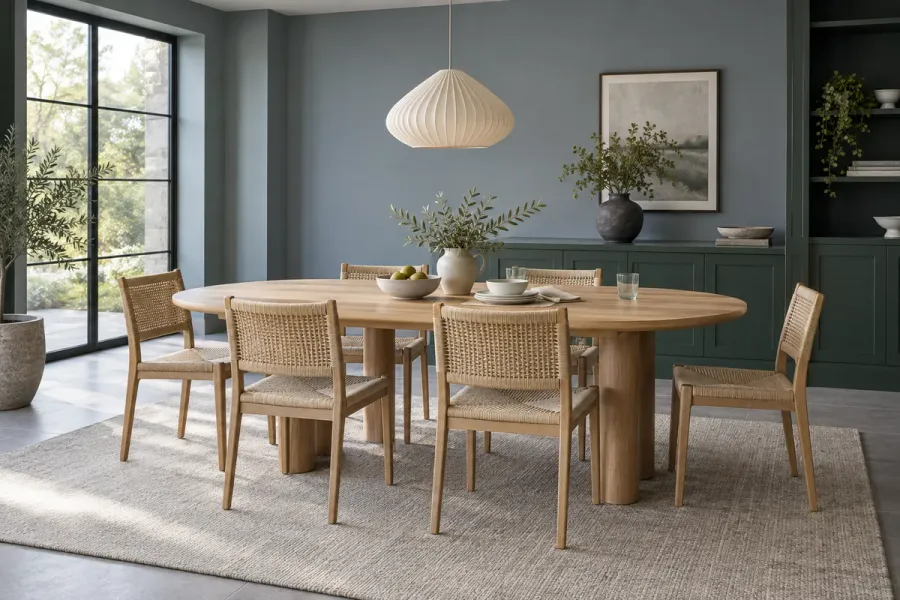 Modern dining room with a proportional table and chairs