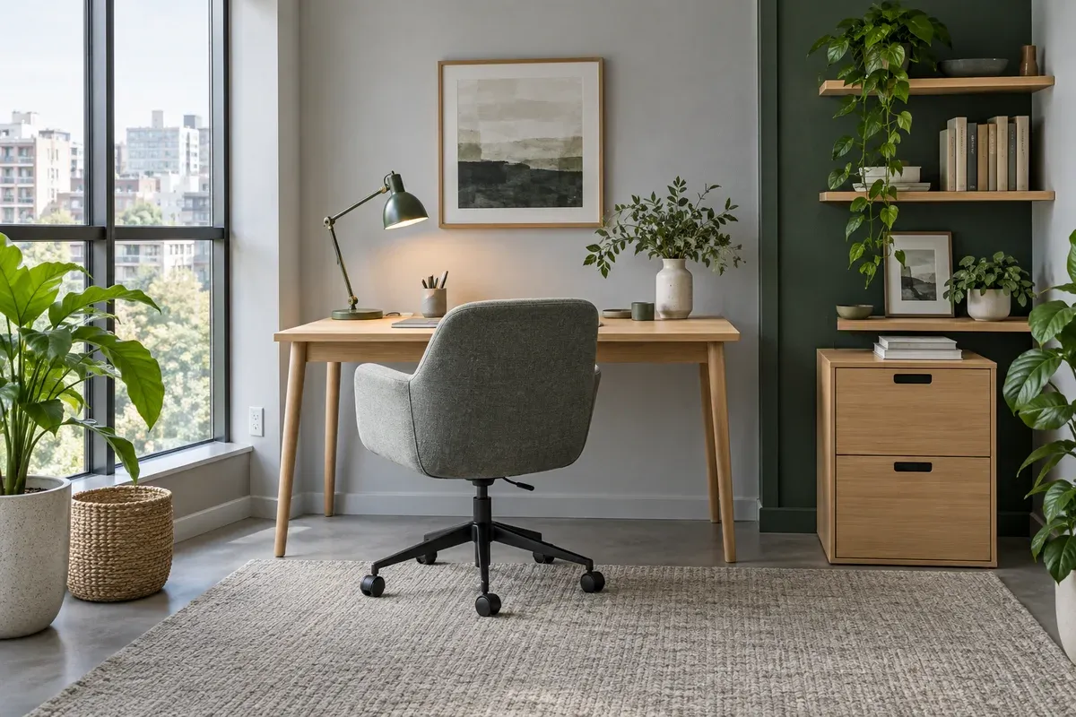 Workspace rumah dengan meja dan kursi kerja ergonomis