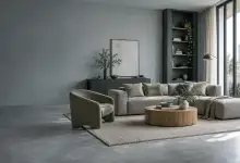 Spacious living area with modern furniture